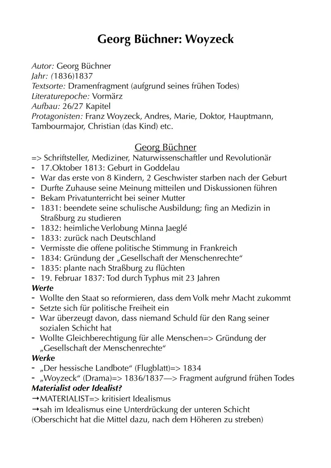# Georg Büchner: Woyzeck
Autor: Georg Büchner
Jahr: (1836)1837
Textsorte: Dramenfragment (aufgrund seines frühen Todes)
Literaturepoche: Vo