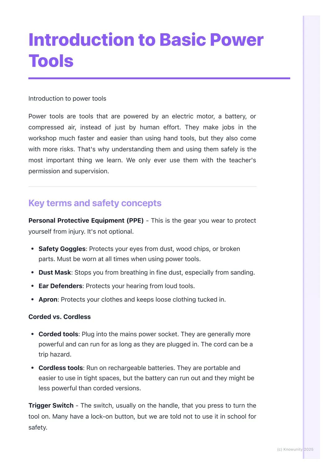 # Introduction to Basic Power
Tools
Introduction to power tools
Power tools are tools that are powered by an electric motor, a battery, or