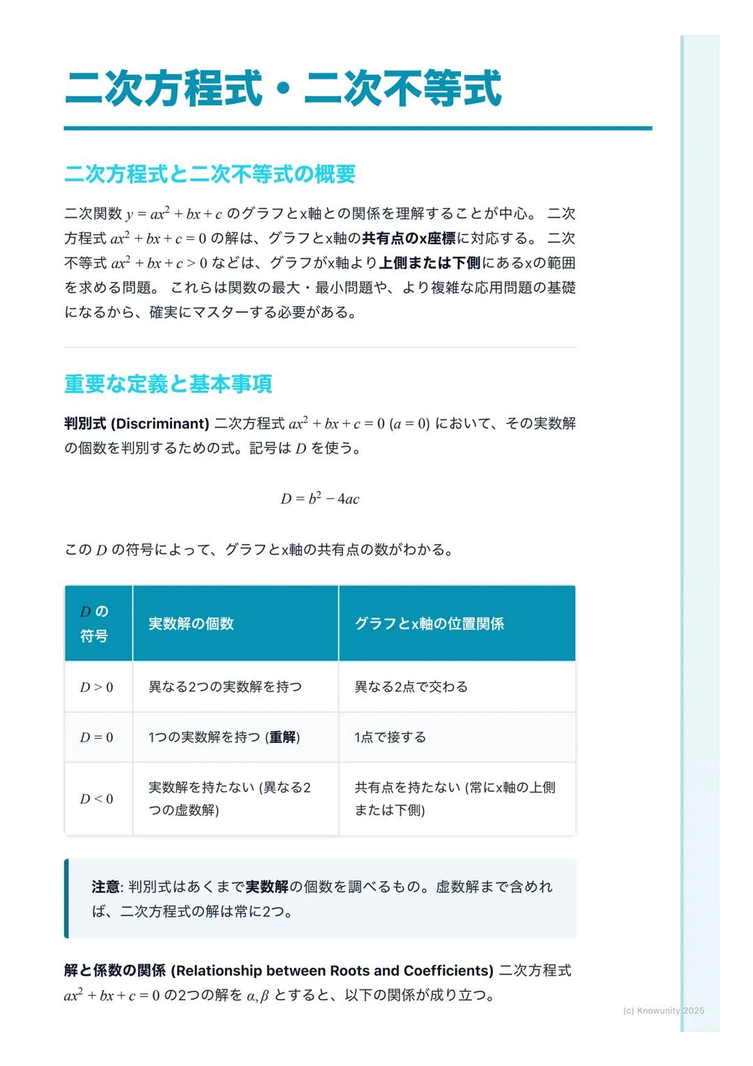 # 二次方程式・二次不等式
二次方程式と二次不等式の概要
二次関数y=ax²+bx+cのグラフと×軸との関係を理解することが中心。二次
方程式 ax²+bx+c=0の解は、グラフと×軸の共有点のx座標に対応する。二次
不等式ax²+bx+c>0などは、グラフがx軸より上側また