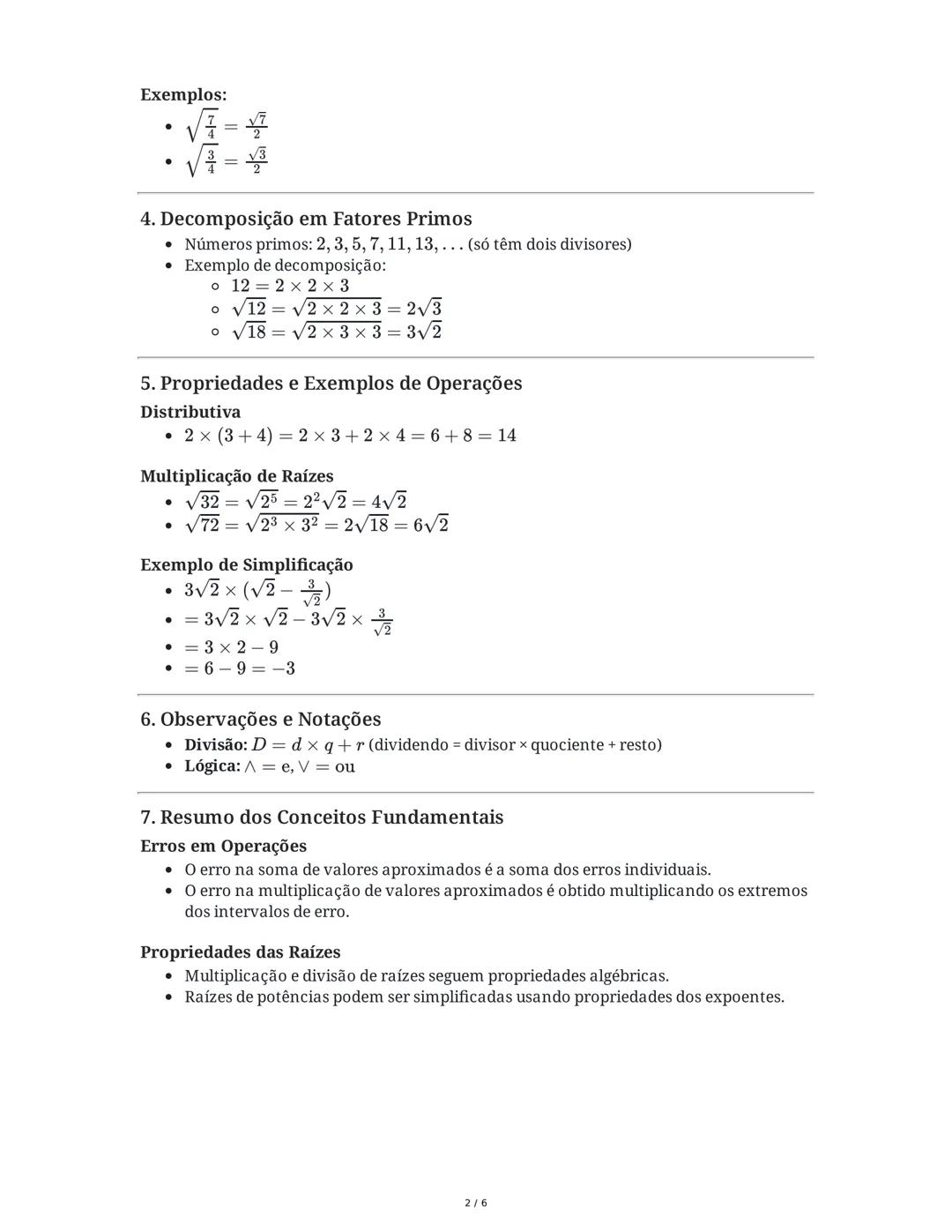 # Resumo das Anotações de Matemática: Operações com Números
Reais, Erros e Decomposição em Fatores Primos
1. Erro na Soma de Dois Valores A