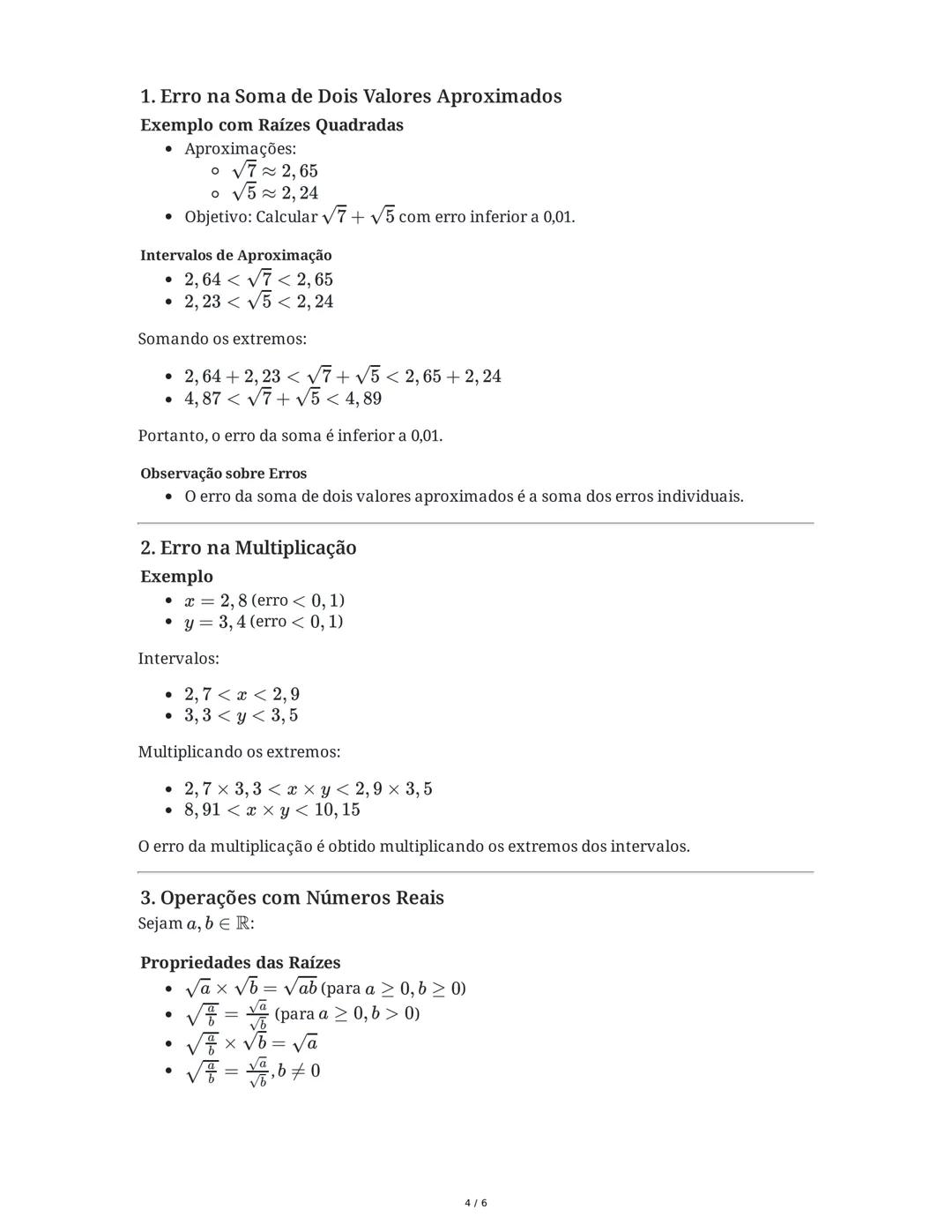 # Resumo das Anotações de Matemática: Operações com Números
Reais, Erros e Decomposição em Fatores Primos
1. Erro na Soma de Dois Valores A