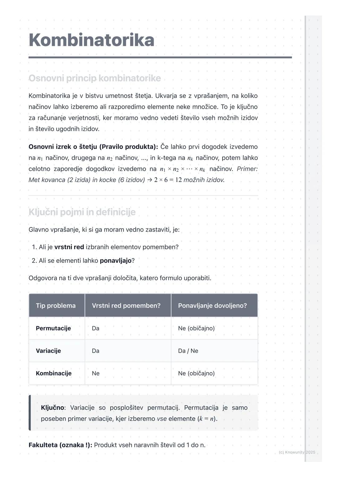 # Kombinatorika
Osnovni princip kombinatorike
Kombinatorika je v bistvu umetnost štetja. Ukvarja se z vprašanjem, na koliko
načinov lahko