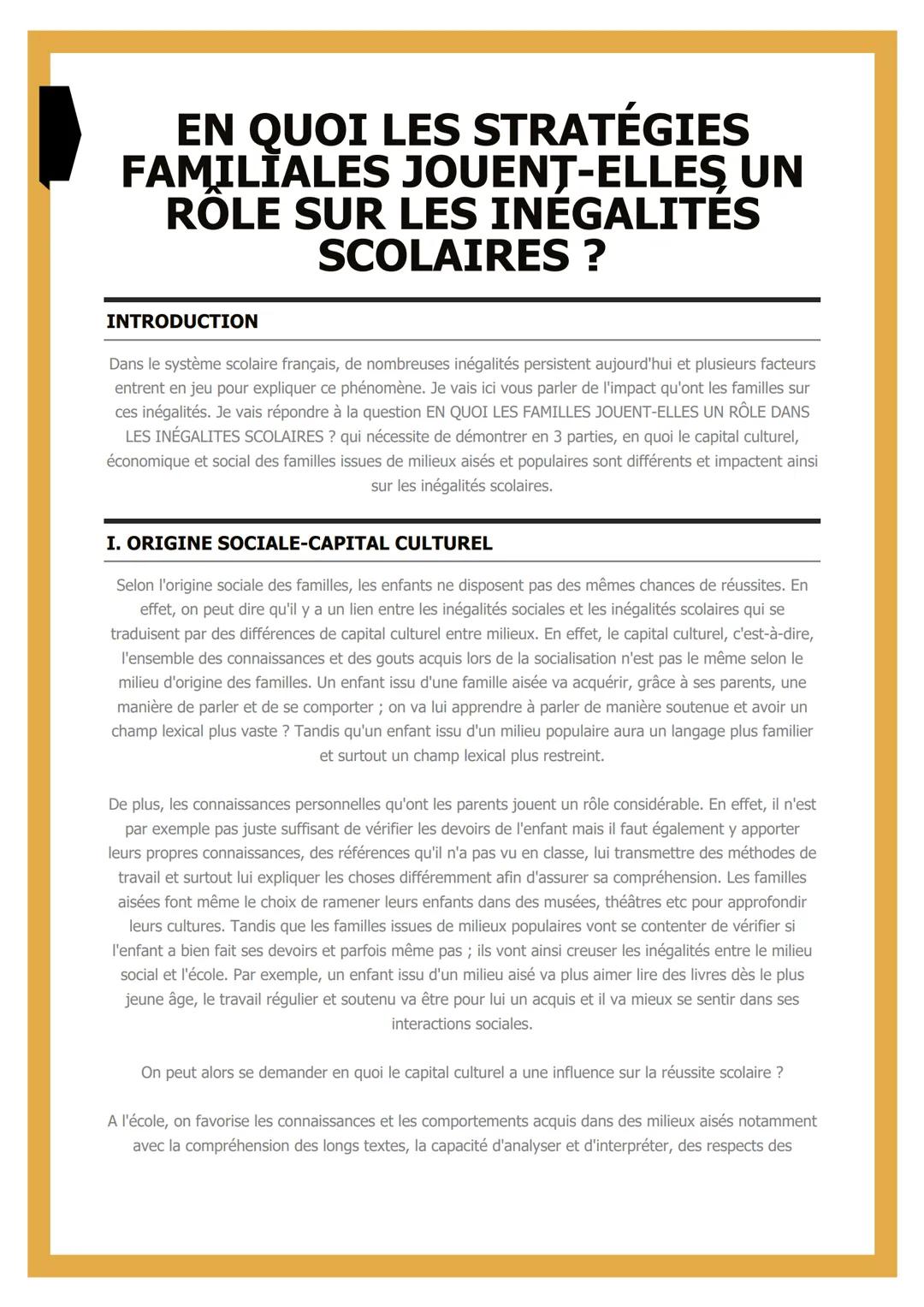 # EN QUOI LES STRATÉGIES
# FAMILIALES JOUENT-ELLEŞ UN
# ROLE SUR LES INEGALITES
# SCOLAIRES ?
INTRODUCTION
Dans le système scolaire frança
