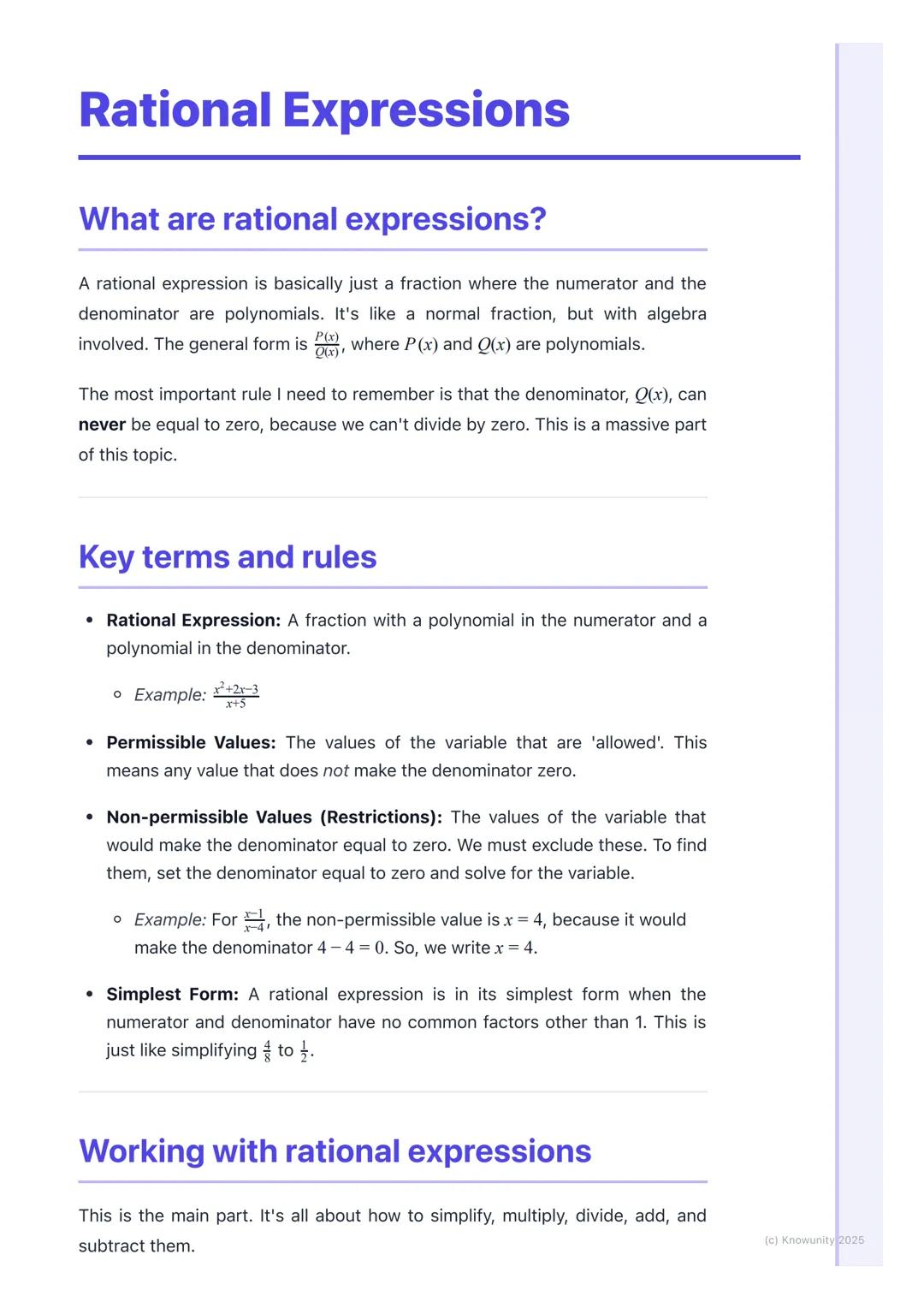 # Rational Expressions
## What are rational expressions?
A rational expression is basically just a fraction where the numerator and the
de