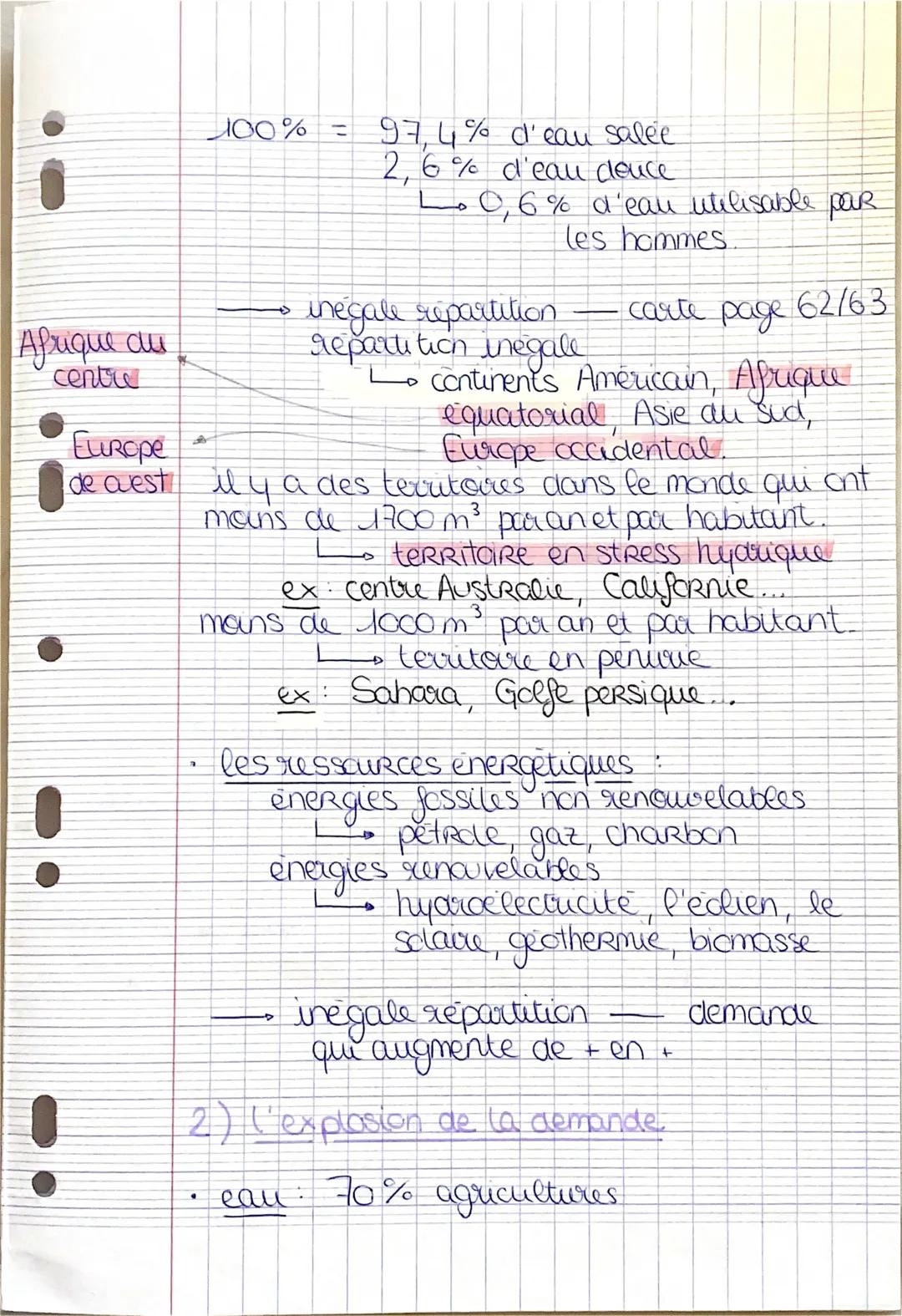 # Géo: thème 1
COURS 1
→ sociétés et environnement :
des équilibres fragiles
chapitre 2: des ressources majeures sous
pression: tensions,