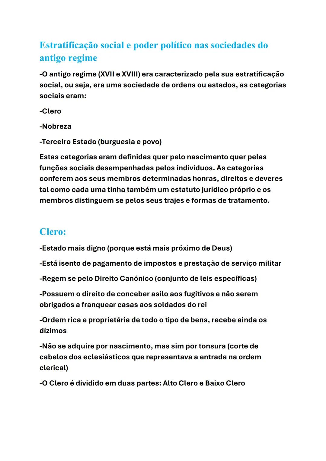 # Estratificação social e poder político nas sociedades do
antigo regime
-O antigo regime (XVII e XVIII) era caracterizado pela sua estrati