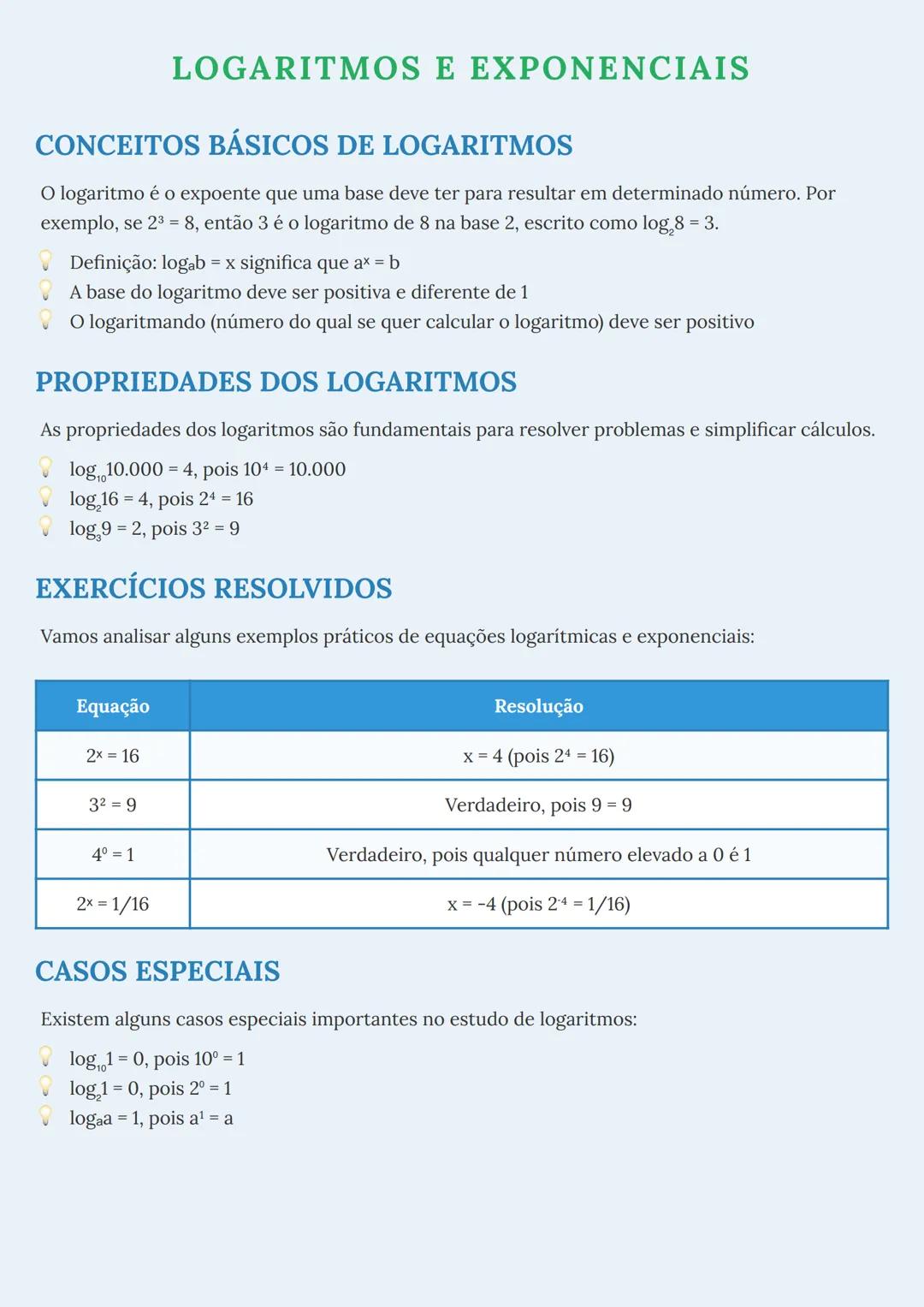 # LOGARITMOS E EXPONENCIAIS
## CONCEITOS BÁSICOS DE LOGARITMOS
O logaritmo é o expoente que uma base deve ter para resultar em determinado