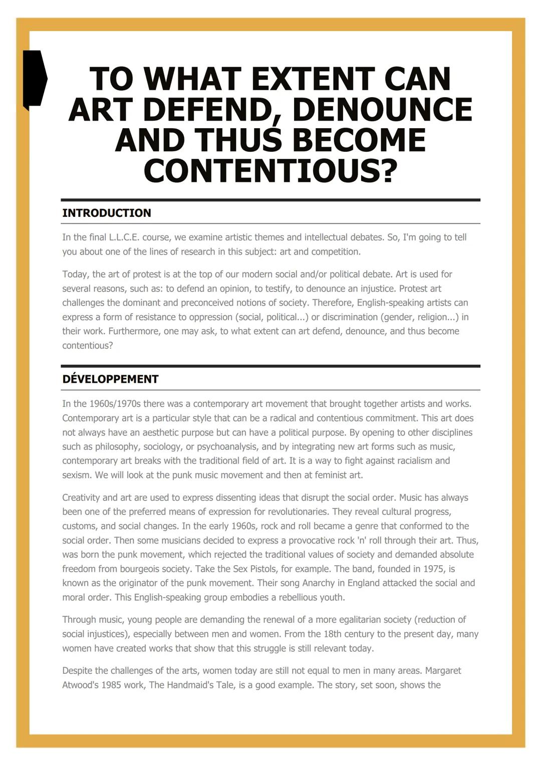 # TO WHAT EXTENT CAN
# ART DEFEND, DENOUNCE
# AND THUS BECOME
# CONTENTIOUS?
INTRODUCTION
In the final L.L.C.E. course, we examine artisti