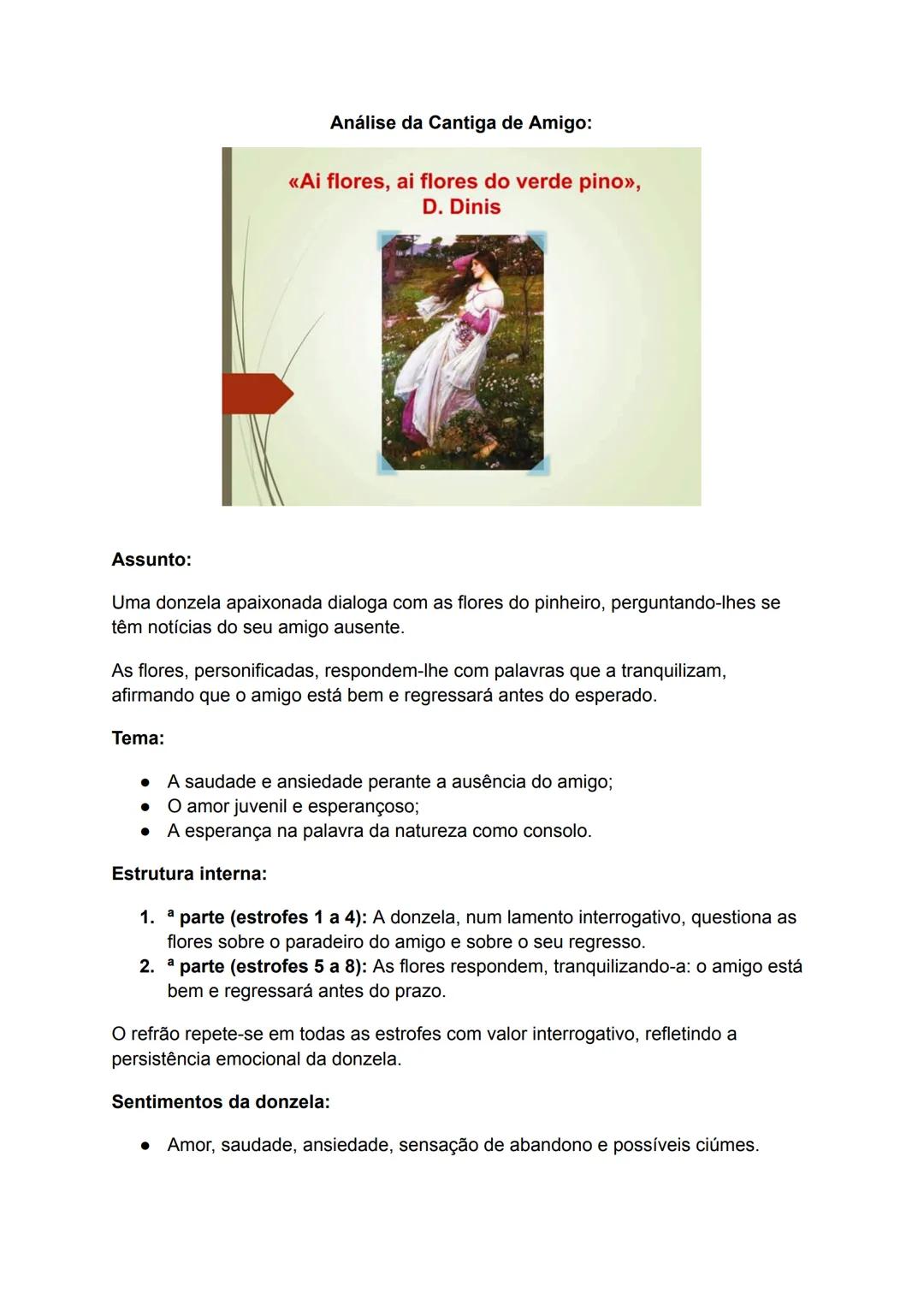 # Análise da Cantiga de Amigo:
<<Ai flores, ai flores do verde pino»,
D. Dinis
Assunto:
Uma donzela apaixonada dialoga com as flores do p