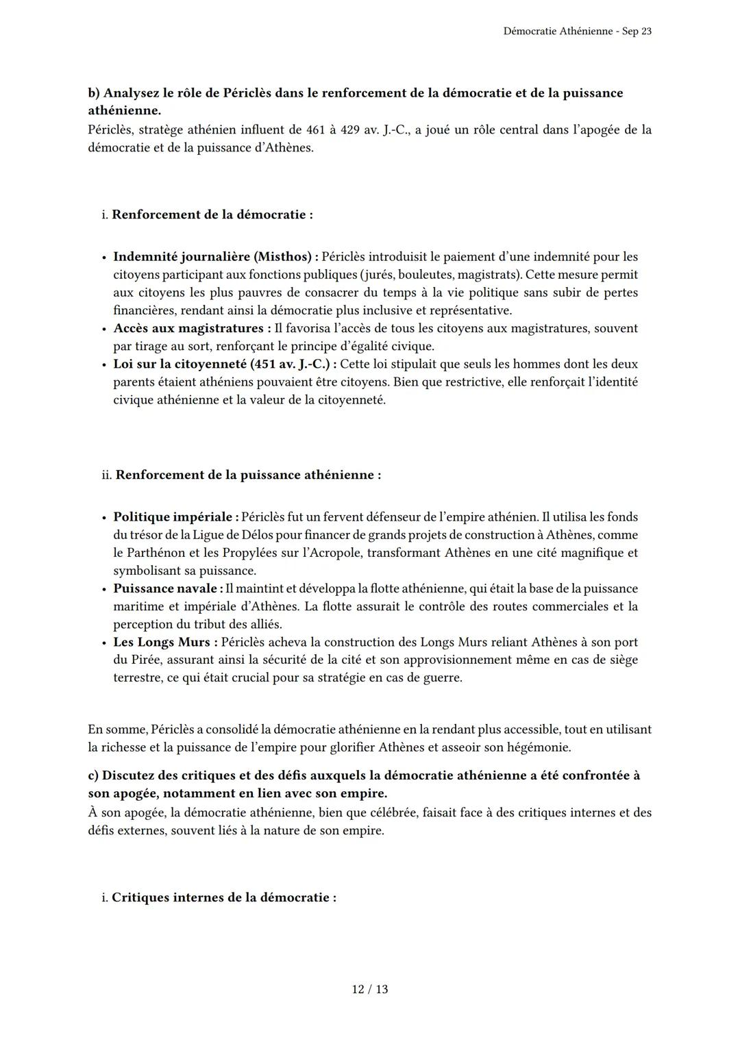 # Démocratie Athénienne
Généré par Knowunity.fr - Sep 23
Description: Cet examen couvre la démocratie athénienne, l'empire maritime et le