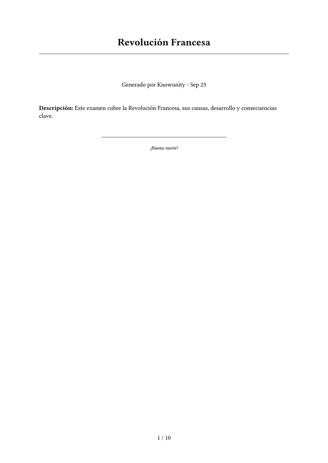 # Revolución Francesa
Generado por Knowunity - Sep 23
Descripción: Este examen cubre la Revolución Francesa, sus causas, desarrollo y cons